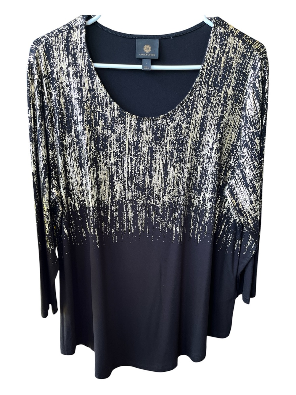 JM Collection Black & Gold Metallic Foil Tunic Top - Size L- Festive